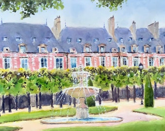 Paris Place des Vosges large painting Le Marais district France watercolor 15 x 22"”