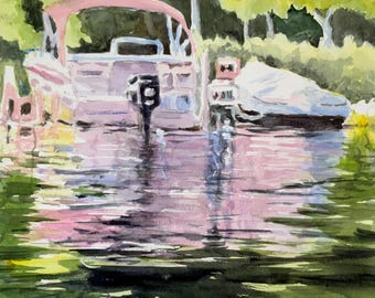 Coucher de soleil sur la baie, aquarelle originale, bateau, lac du Minnesota, coucher de soleil rose