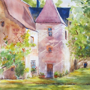 Spring Green French Chateau watercolor original ART PRINT castle France image 1