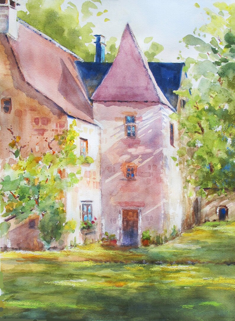 Spring Green French Chateau watercolor original ART PRINT castle France image 1