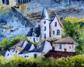 Village médiéval français sur une falaise, Dordogne, aquarelle, 25 x 35 cm
