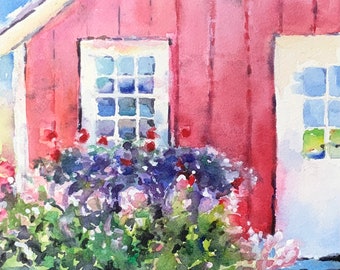Farmhouse red Bruentrup Heritage Farm MN Summer on the Farm watercolor painting flowers red barn window 8 x 10"
