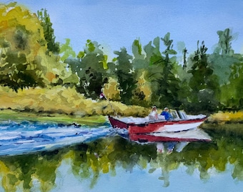 Aquarelle représentant un bateau sur un lac, œuvre d'été 11 x 15