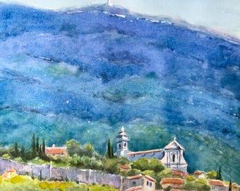 Mt Ventoux, Bedoin village Provence mountain village Tour de France race watercolor original painting