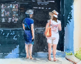 Paris French girls shopping watercolor painting