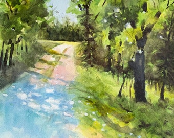 Country Road lake painting summer vacation cabin trees sunlight 10 x 14"