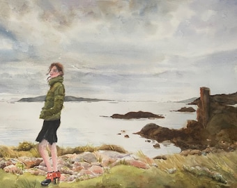 Ireland portrait sea watercolor original Gallway 16 x 27”