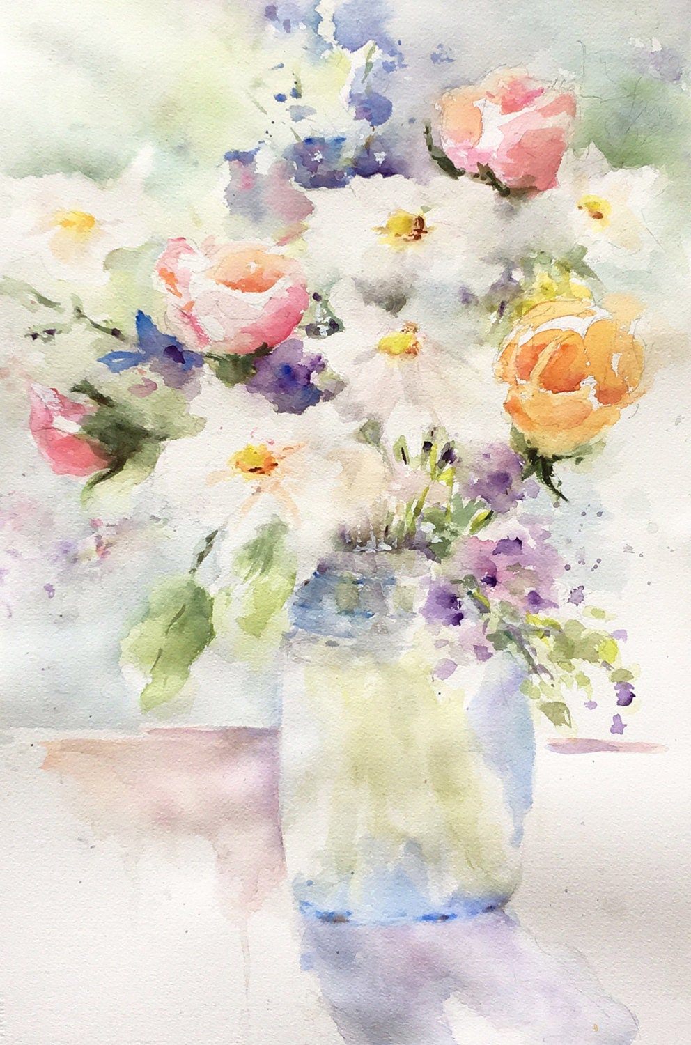 Download Soft Bouquet Flowers Vase Roses Daisies Large Print From Original Watercolor Painting