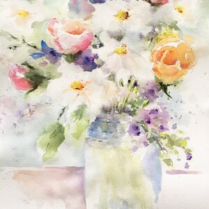 Soft Bouquet Flowers vase roses daisies print from original watercolor painting