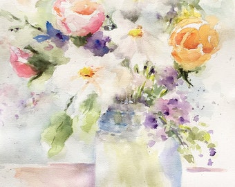 Flower Bouquet roses daisies impressionistic original watercolor painting 14 x 21