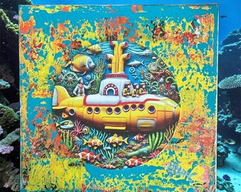 Whimsical Yellow Submarine 12x12 Canvas - Signed/Original One of A Kind, Mixed Media