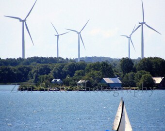 Summer Photo Print Windmills and Sailboats Lake Ontario Beach Photography Blue Home Decor Unframed Photo Framed Photography Canvas Print