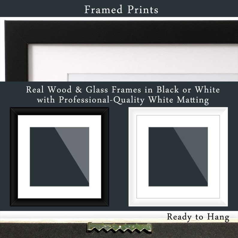 Op de afbeelding: Afbeelding van ingelijste prints met zwarte en witte frames. De tekst luidt "Framed Prints", "Real Wood & Glass Frames in Black or White with Professional-Quality White Matting" en "Ready to Hang".