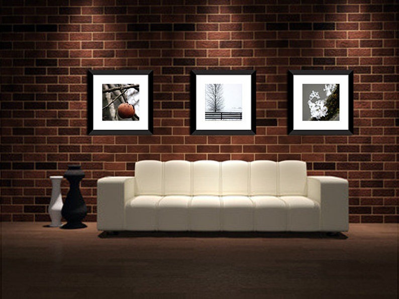 May include: Three framed black and white photographs hanging on a brick wall above a white couch. The photos depict a tree branch with a single red apple, a tree in a snowy landscape, and a white flower cluster.