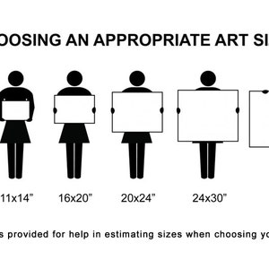 May include: Diagram showing different sizes of art prints held by stick figures. The sizes are 8x10 inches, 11x14 inches, 16x20 inches, 20x24 inches, 24x30 inches, and 30x40 inches.