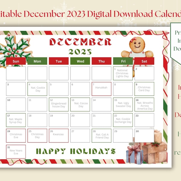 Sugar Cookie December 2023 Editable one month Calendar, Mon. or Sun. Start, Instant download, printable, includes 15 December holidays