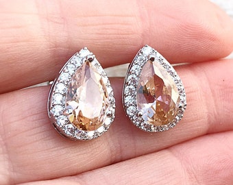Peach bridal earrings, stud wedding earrings, crystal wedding jewellery, bridesmaid earrings, bridesmaid gift, zirconia stud earrings