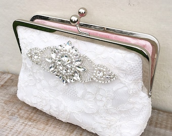 Great Gatsby style bridal clutch bag in ivory lace with rhinestone detailing, off white crystal and pearl clutch, great gatsby style wedding