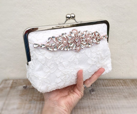 Rose Gold Bridal Clutch Bag Ivory Lace Wedding Clutch | Etsy