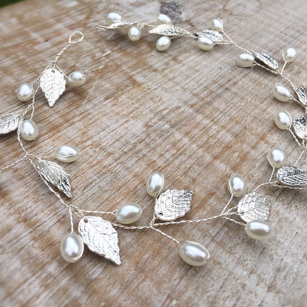 Silver and pearl bridal hair piece, bridal hair band, leaf wedding headpiece, bridal headband with floral and leaf details, rustic wedding