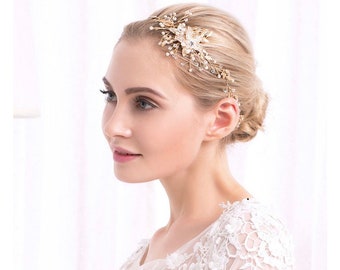 Gold and Pearl bridal hair vine, bridal hair band, leaf wedding headpiece, bridal headband with floral and leaf details, rustic wedding