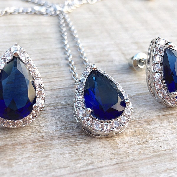 Sapphire bridal jewellery set, necklace and earring set, something blue, crystal jewelry set, wedding jewellery, bridesmaid gift