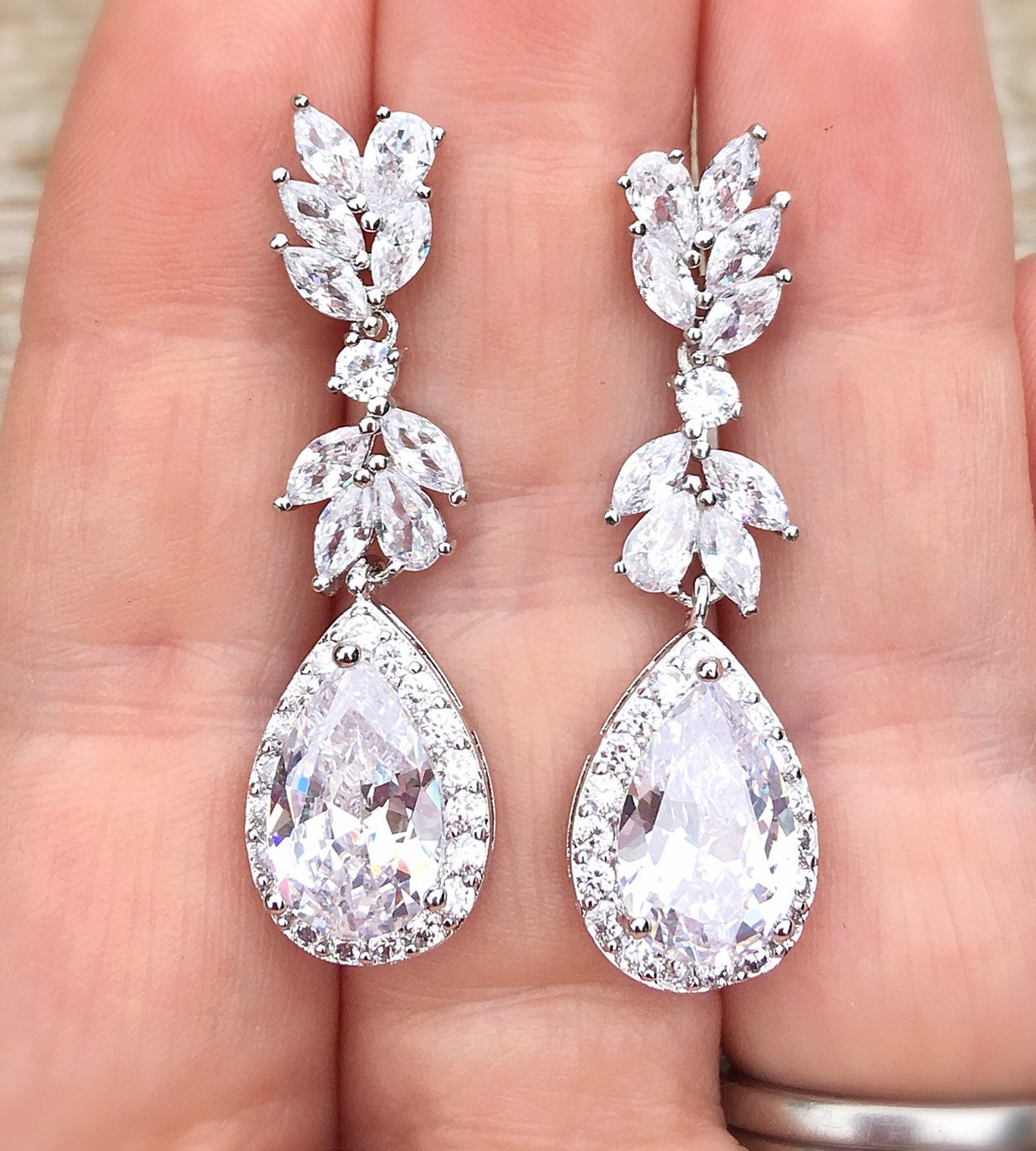 Silver Bridal Earrings Crystal Drop Earrings Wedding Etsy