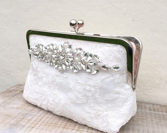 Crystal and pearl ivory lace bridal clutch, off white wedding clutch, great gatsby style wedding clutch, wedding bag