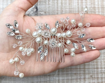 Pearl hair comb, bridal hair accessories, bridesmaid gift, silver comb, wedding hair accessories, bridal hair piece, rhinestone hair comb