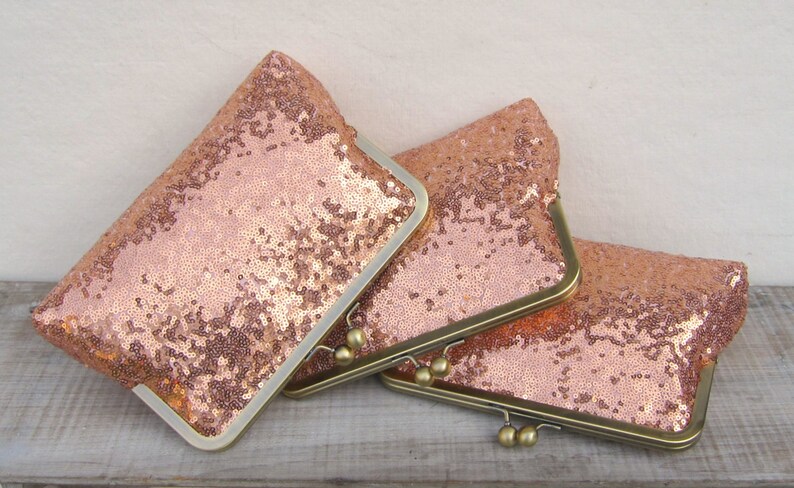 Rose gold bridesmaid clutch set, set of 3, sequin copper clutch set, bridesmaid gift, rose gold wedding, vintage wedding, bridesmaid gift image 1