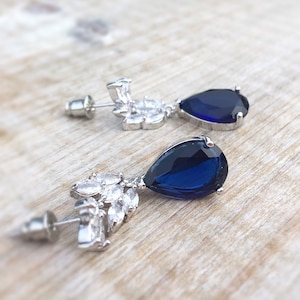 Sapphire drop earrings, something blue wedding earrings, bridesmaid gift, bridal jewelry, zirconia drop earrings, september birth stone image 8