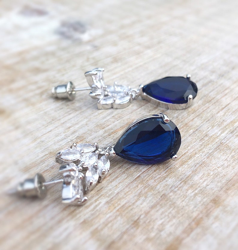 Sapphire drop earrings, something blue wedding earrings, bridesmaid gift, bridal jewelry, zirconia drop earrings, september birth stone image 8