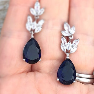 Sapphire drop earrings, something blue wedding earrings, bridesmaid gift, bridal jewelry, zirconia drop earrings, september birth stone image 5