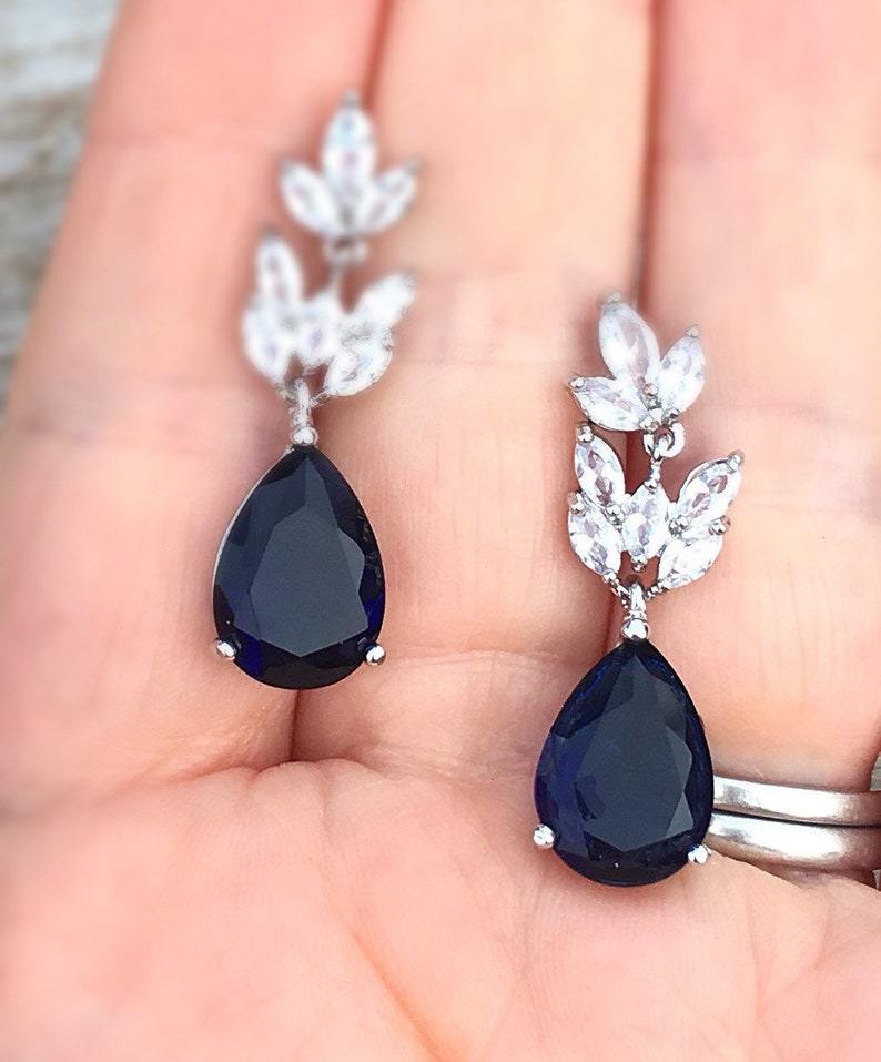 Sapphire drop earrings, something blue wedding earrings, bridesmaid gift, bridal jewelry, zirconia drop earrings, september birth stone image 5