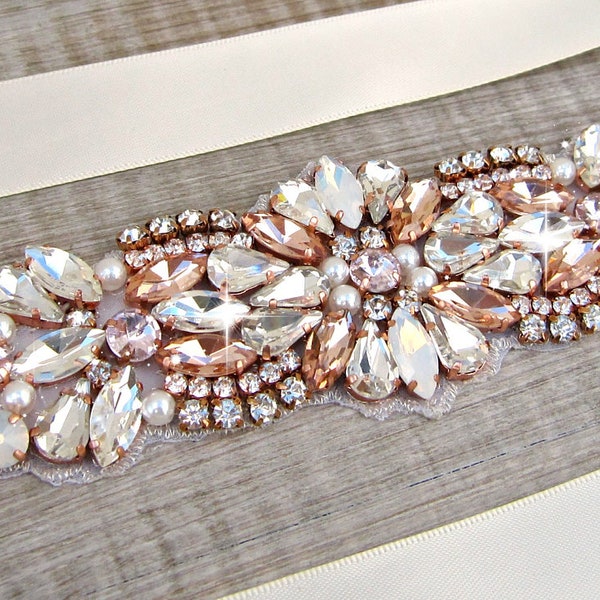 rose gold bridal belt, Rose gold bridal sash, blush sash belt, rhinestone sash, peach sash, wedding dress belt, great gatsby, wedding belt