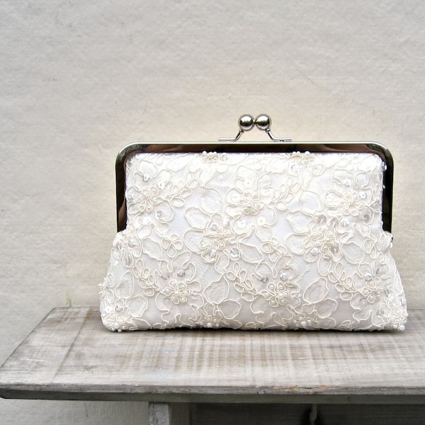 Lace bridal clutch bag, ivory pearl and sequin wedding clutch, ivory clutch, bridesmaids clutch, clutch purse, custom clutch, uk seller