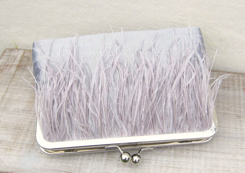 Ostrich feather clutch, silver bridal clutch, grey wedding purse, great gatsby, silver wedding, grey bridesmaid clutch, 1920s wedding, uk image 2