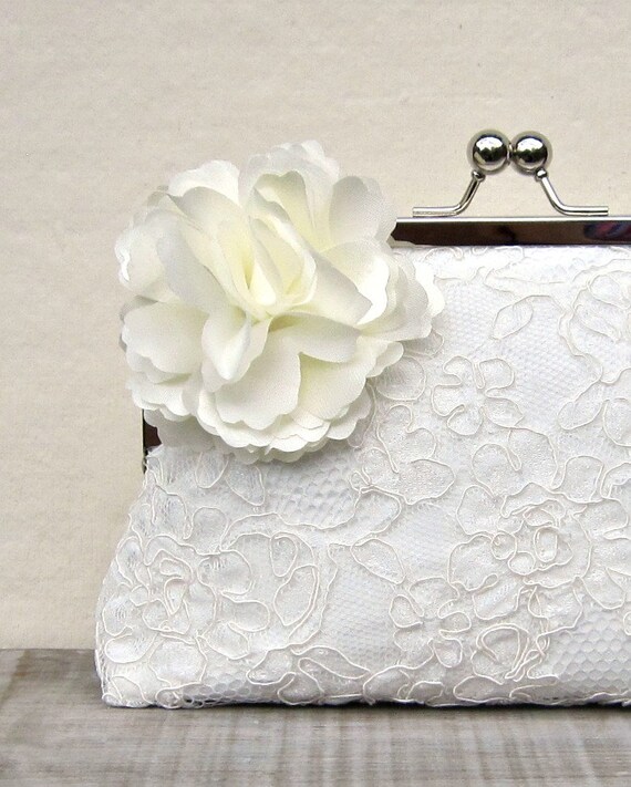 Ivory Bridal Clutch Bag Lace Wedding Clutch With Cream Flower