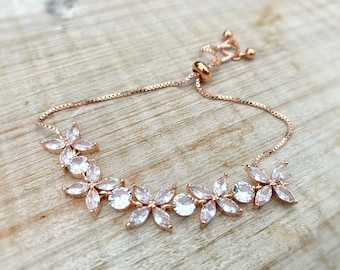 Flower rose gold bracelet, adjustable sliding clasp bracelet, rose gold tennis bracelet, bridal jewelry, bridesmaid gift, crystal bracelet