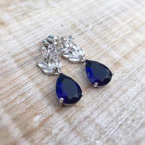 Sapphire drop earrings, something blue wedding earrings, bridesmaid gift, bridal jewelry, zirconia drop earrings, september birth stone image 2