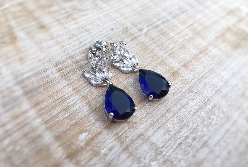 Sapphire drop earrings, something blue wedding earrings, bridesmaid gift, bridal jewelry, zirconia drop earrings, september birth stone image 2