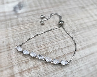 Silver bracelet, silver tennis bracelet, bridal jewelry, bridesmaid gift, wedding bracelet, adjustable zirconia bracelet