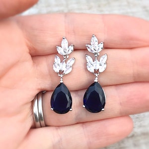 Sapphire drop earrings, something blue wedding earrings, bridesmaid gift, bridal jewelry, zirconia drop earrings, september birth stone image 3