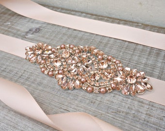 Rose gold bridal sash, rose gold bridal belt, sash belt, rhinestone sash, peach sash, wedding dress belt, great gatsby, wedding belt