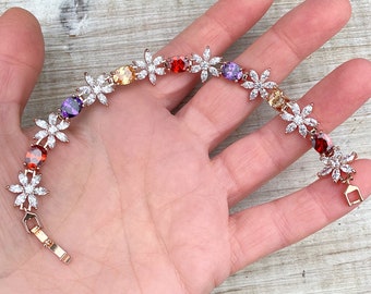 Rose gold bracelet, mixed stone tennis bracelet, floral rose gold tennis bracelet, garnet and ruby, bridesmaid gift