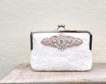 Ivory clutch bag with rose gold detailing, ivory lace wedding clutch, pearl and rhinestone clutch, off white clutch, pearl and crystal bride