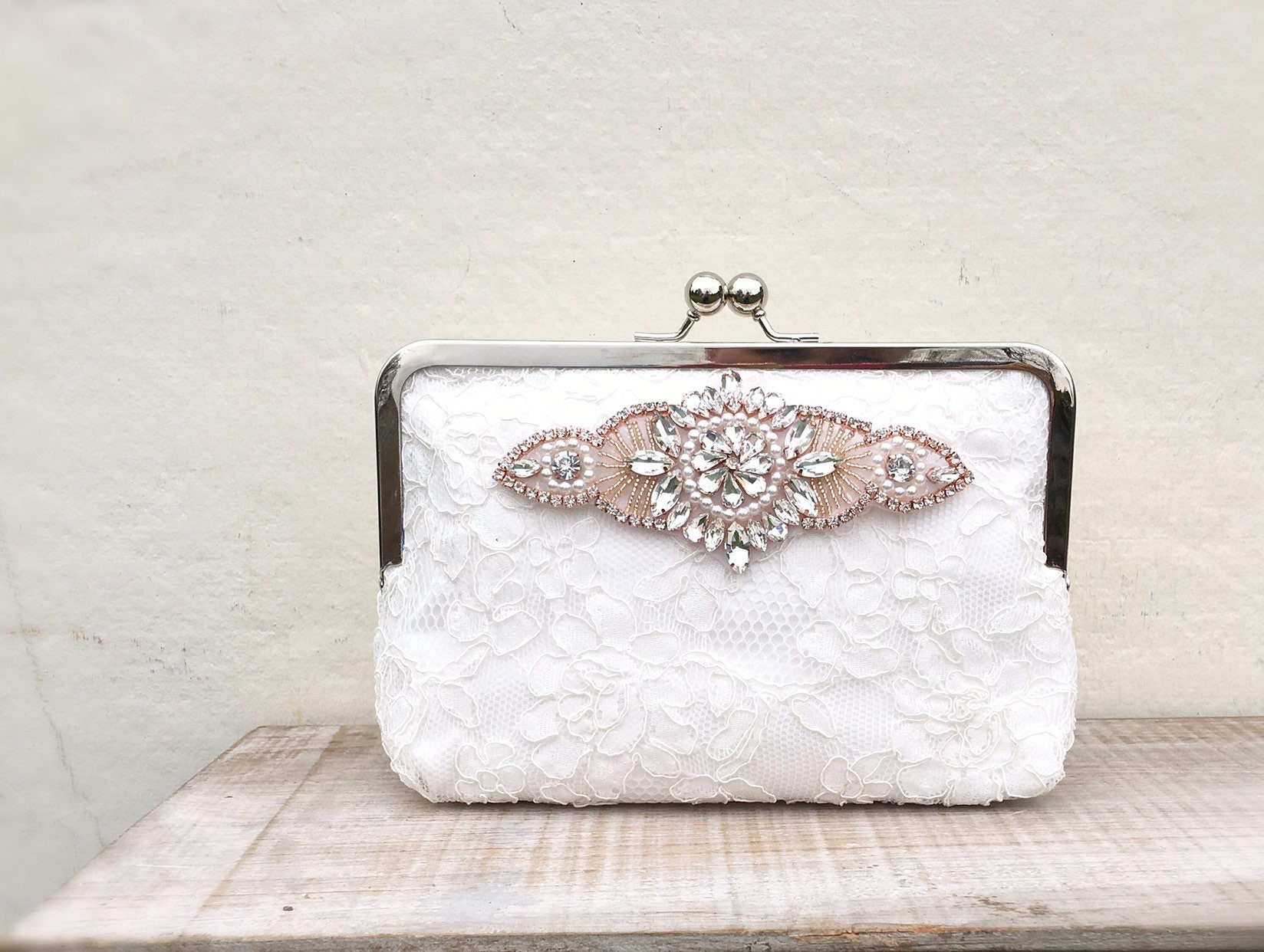 Ivory Clutch Bag Rose Gold Detailing Ivory Lace | Etsy