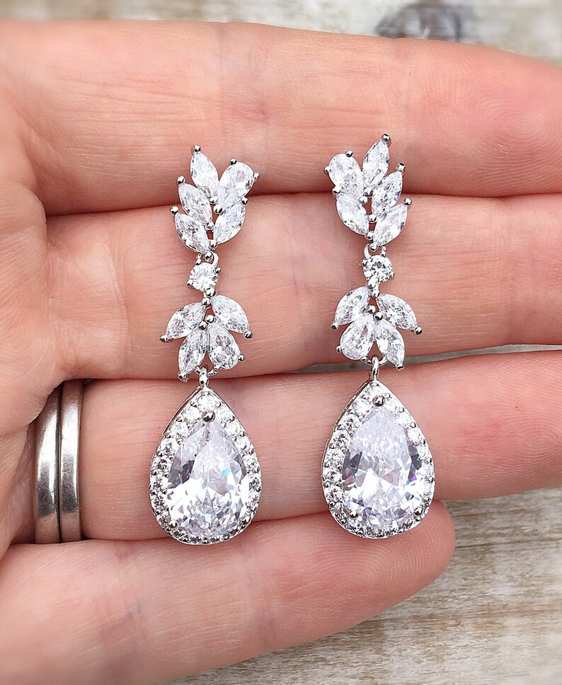 Silver Bridal Earrings Crystal Drop Earrings Wedding Etsy