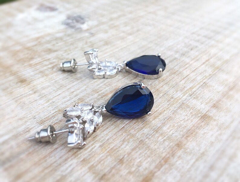 Sapphire drop earrings, something blue wedding earrings, bridesmaid gift, bridal jewelry, zirconia drop earrings, september birth stone image 4