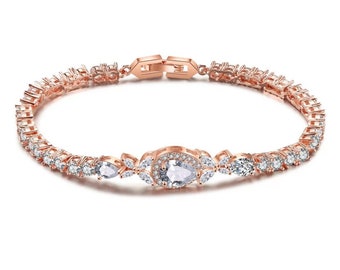 Rose gold bracelet, rose gold tennis bracelet, bridal jewelry, bridesmaid gift, wedding bracelet, crystal bracelet